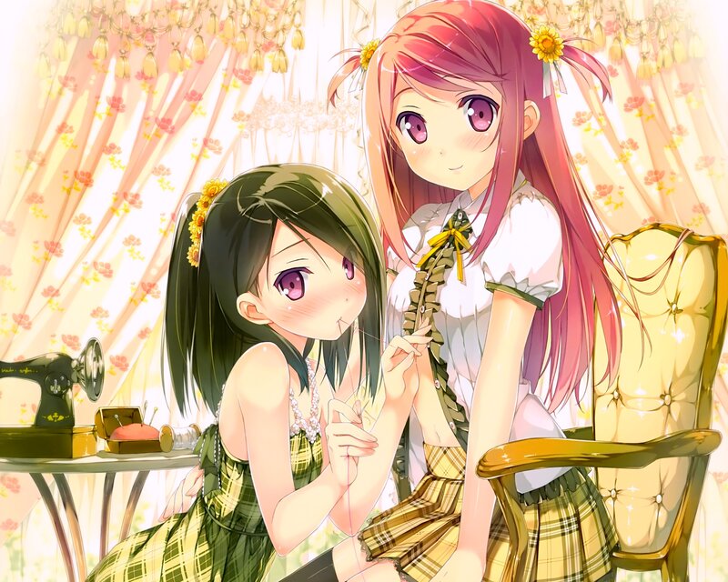 Two Girls Sewing — Yellow, Cheerful