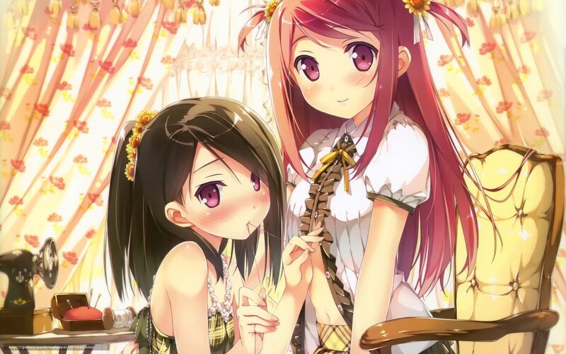 Two Girls Sewing — Yellow