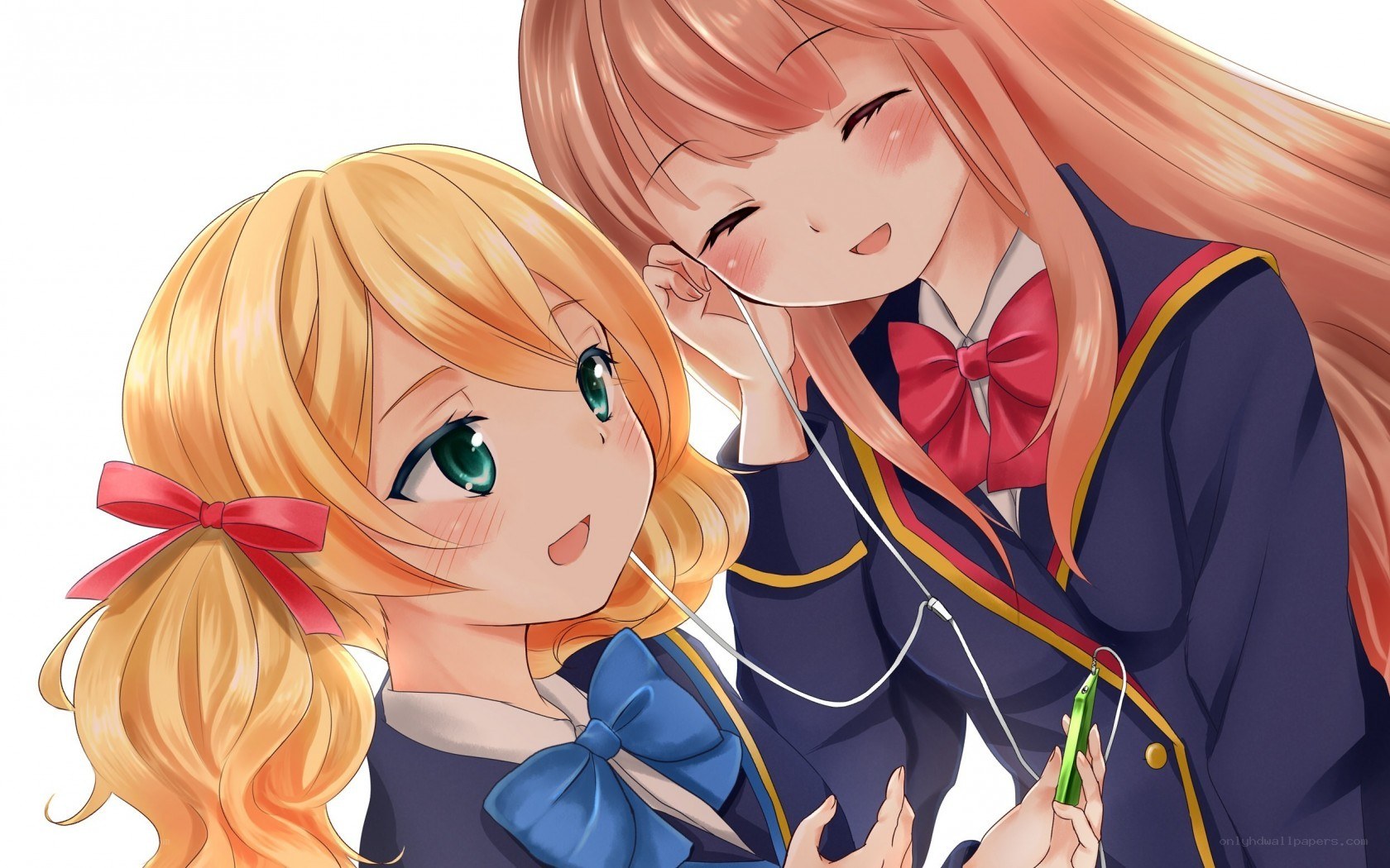 Two girls sharing headphones