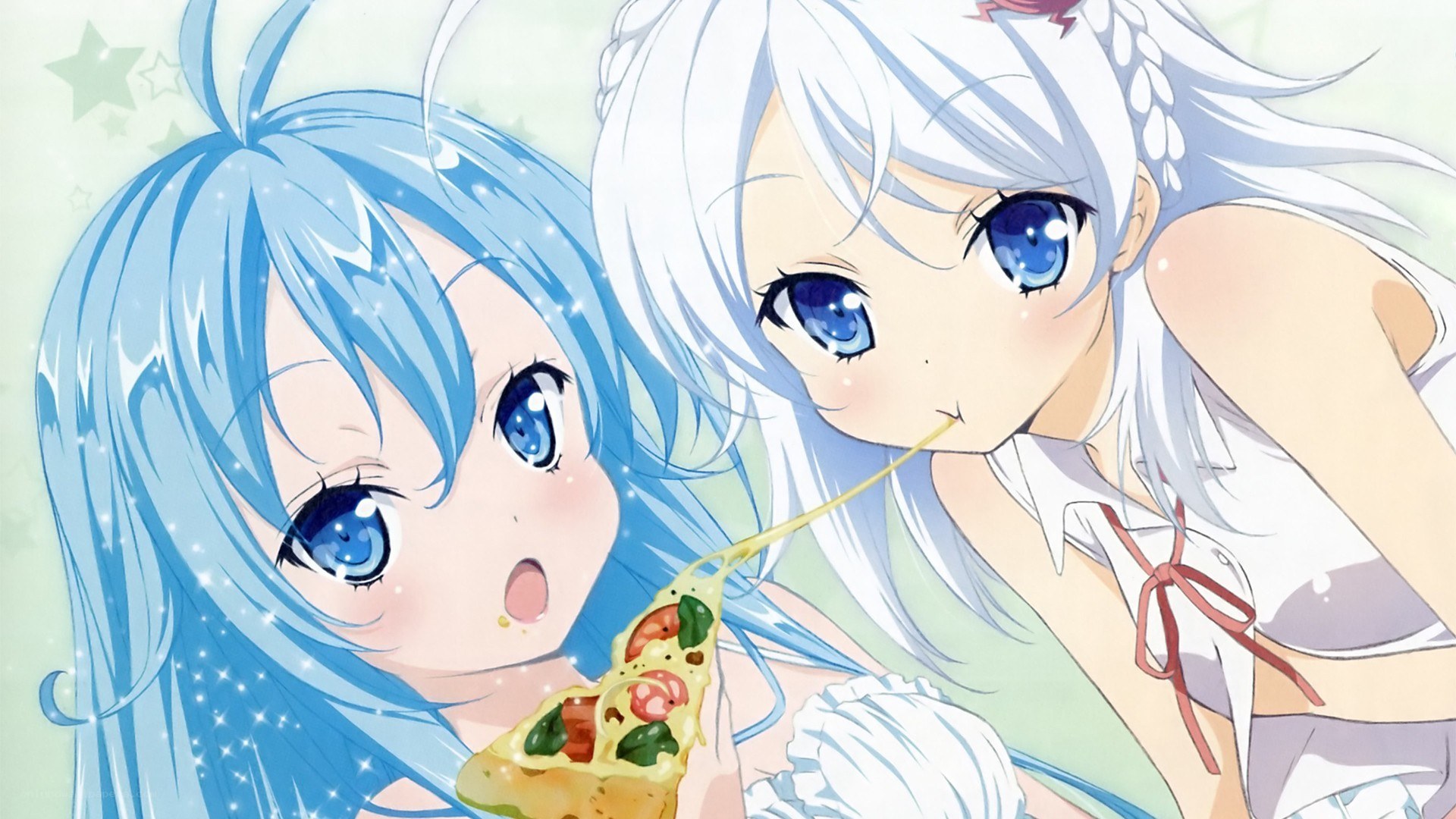 Two girls sharing pizza