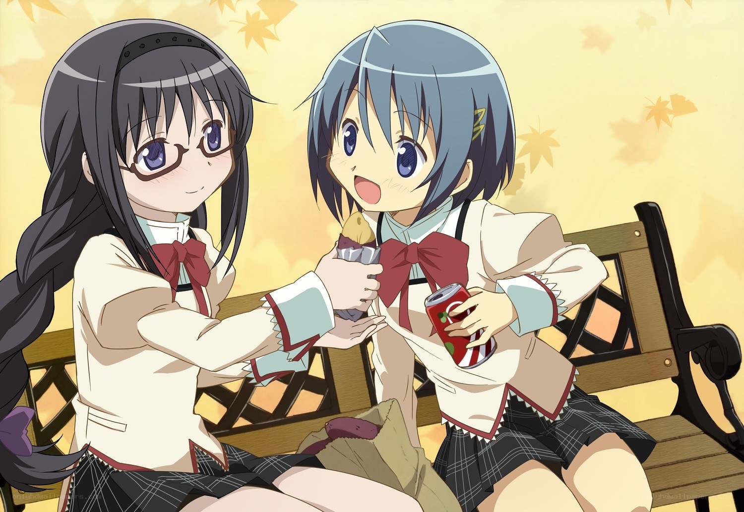 Two girls sharing snacks on a bench