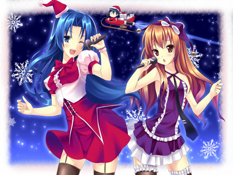Two Girls Singing — Blue, Festive, Winter