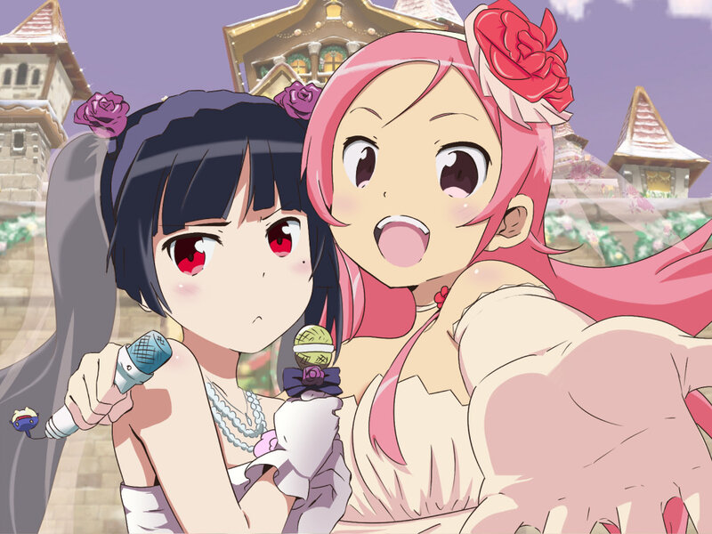 Two girls singing in a fantasy town