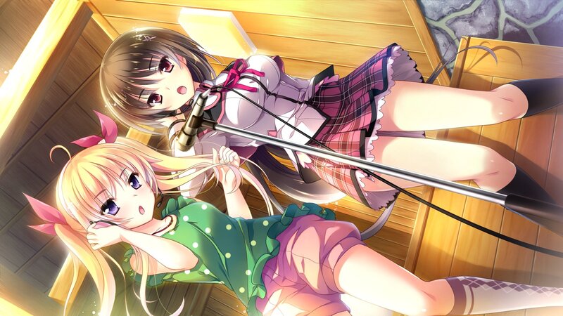 Two girls singing in a wooden room