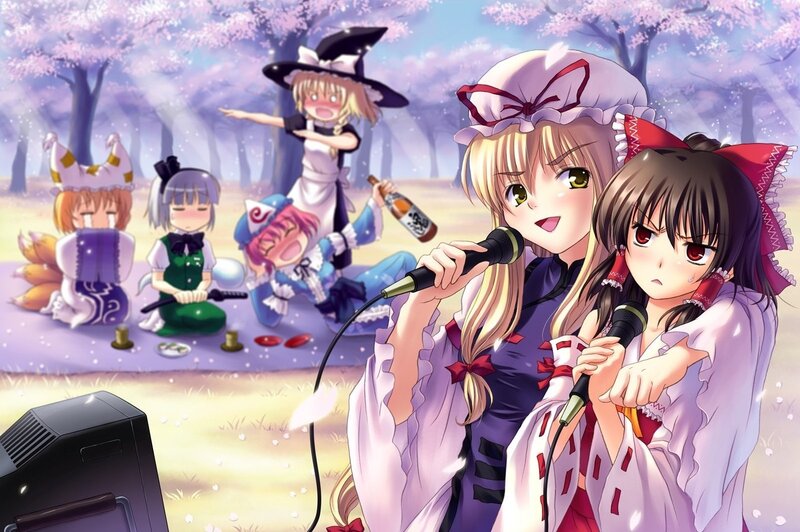 Two Girls Singing into Microphones — Purple, Festive