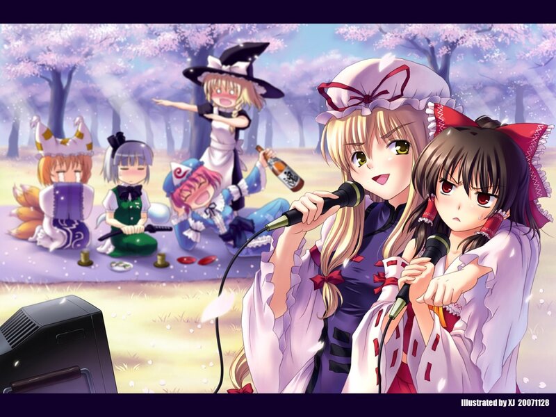 Two Girls Singing into Microphones — Purple