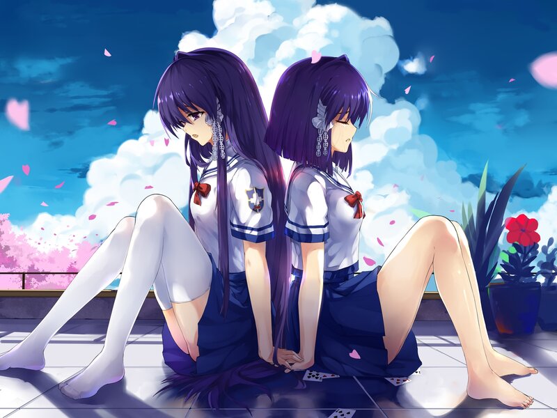 Two Girls Sitting Back-to-back — Blue, Serene