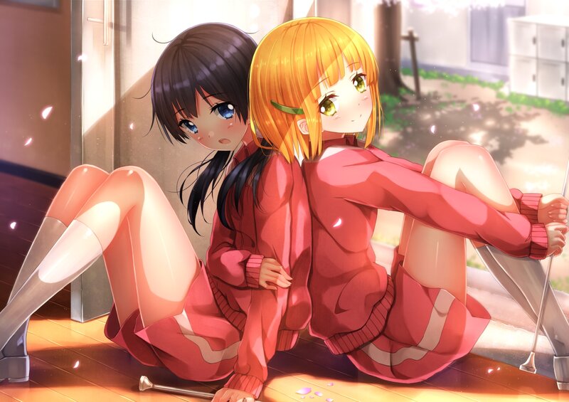 Two Girls Sitting Back-to-back — Red, Calm
