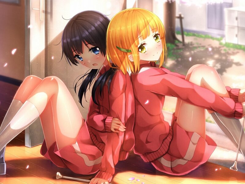 Two Girls Sitting Back-to-back — Red