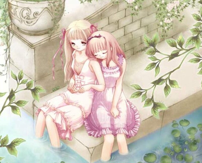 Two Girls Sitting by Pond