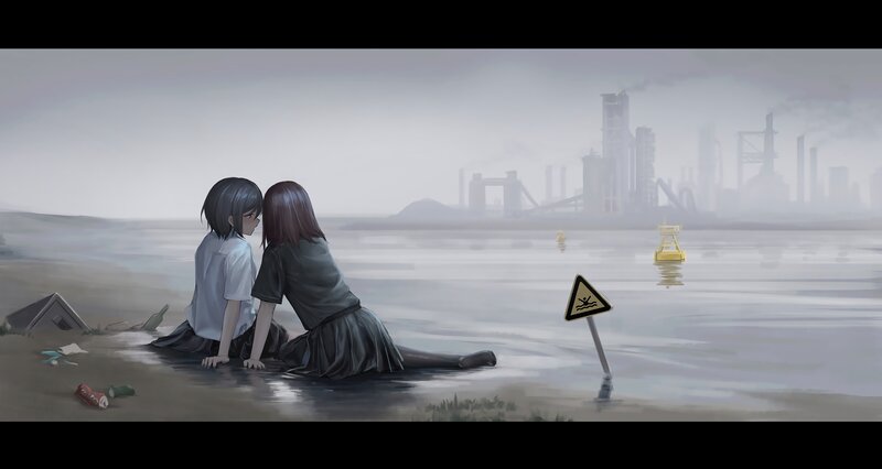 Two Girls Sitting by Water