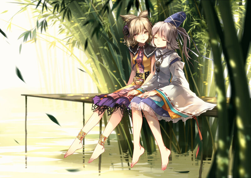 Two Girls Sitting on Bench — Green