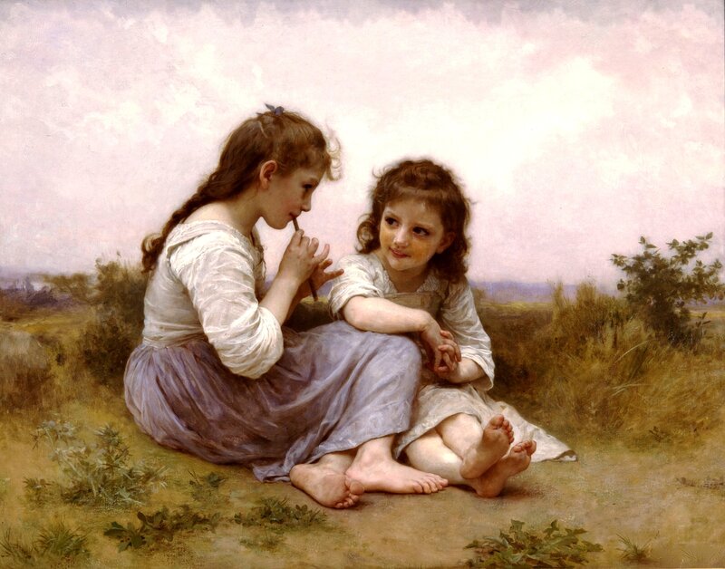 Two Girls Sitting on Ground — White