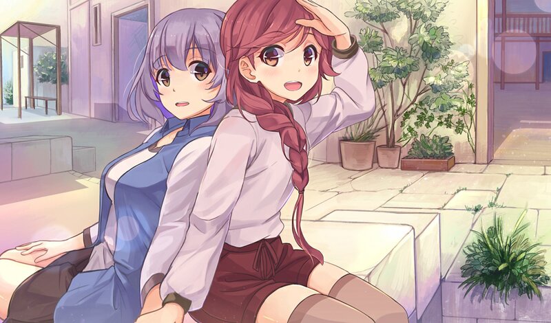 Two Girls Sitting Outside — Purple