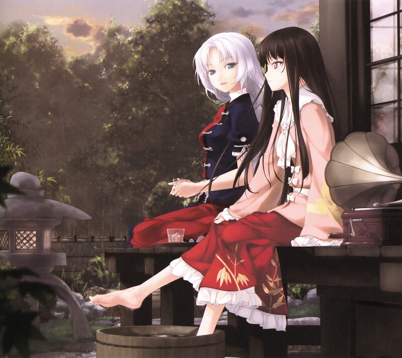 Two Girls Sitting Outside — Red