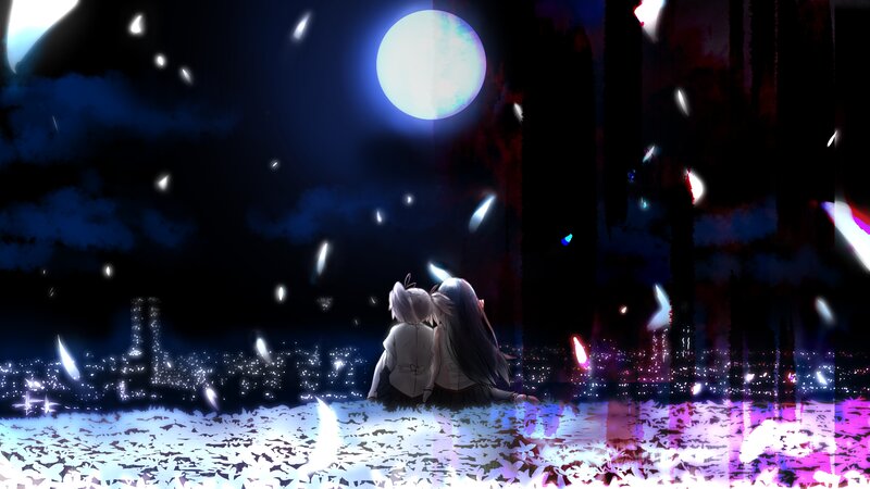 Two Girls Sitting Together — Blue, Serene, Night