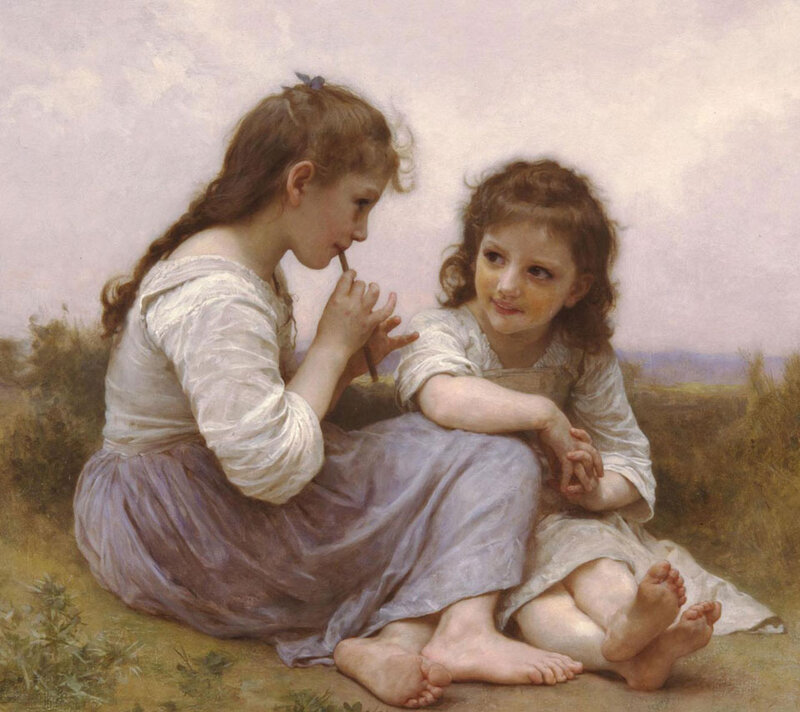 Two Girls Sitting — White