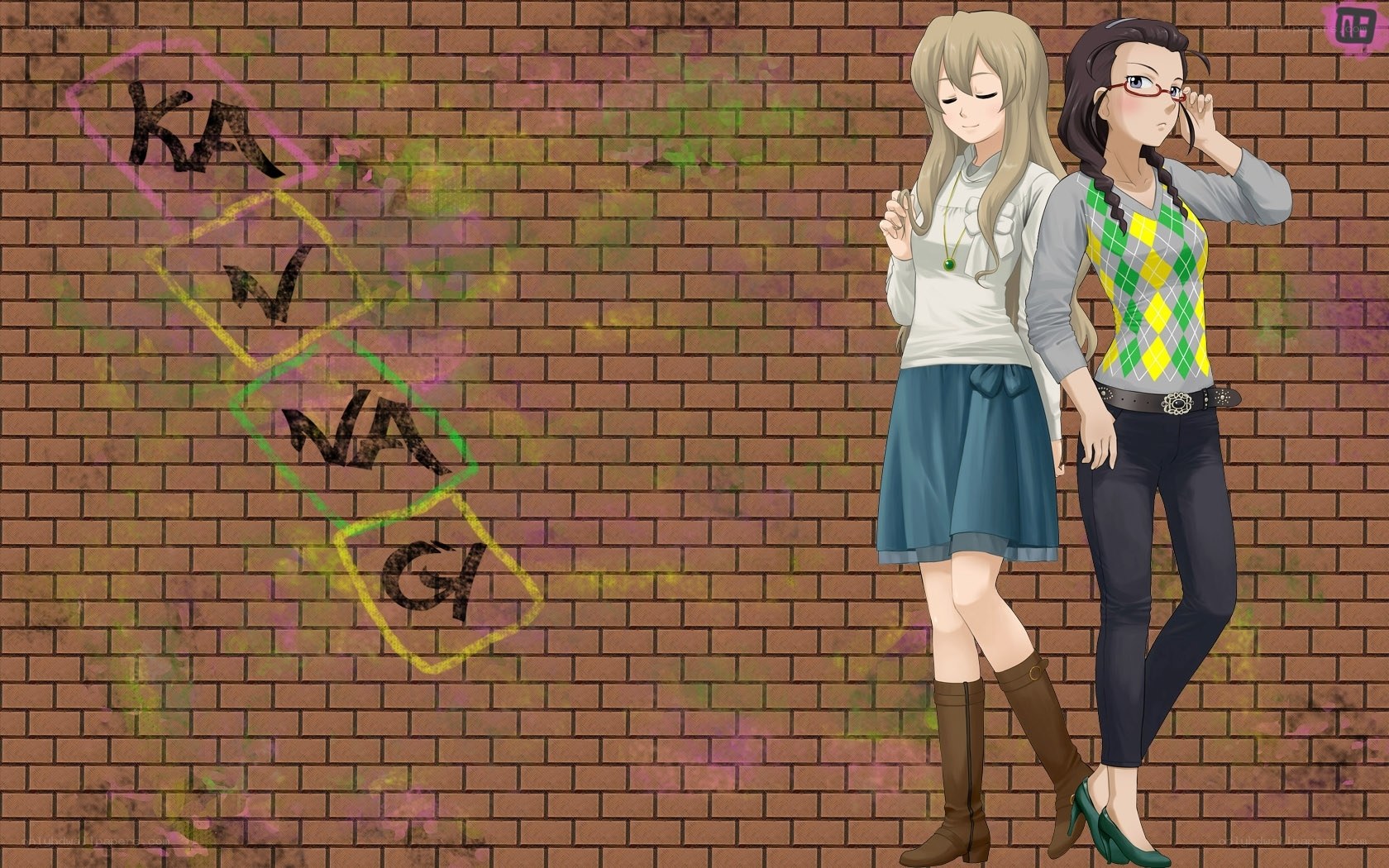 Two girls standing by a brick wall