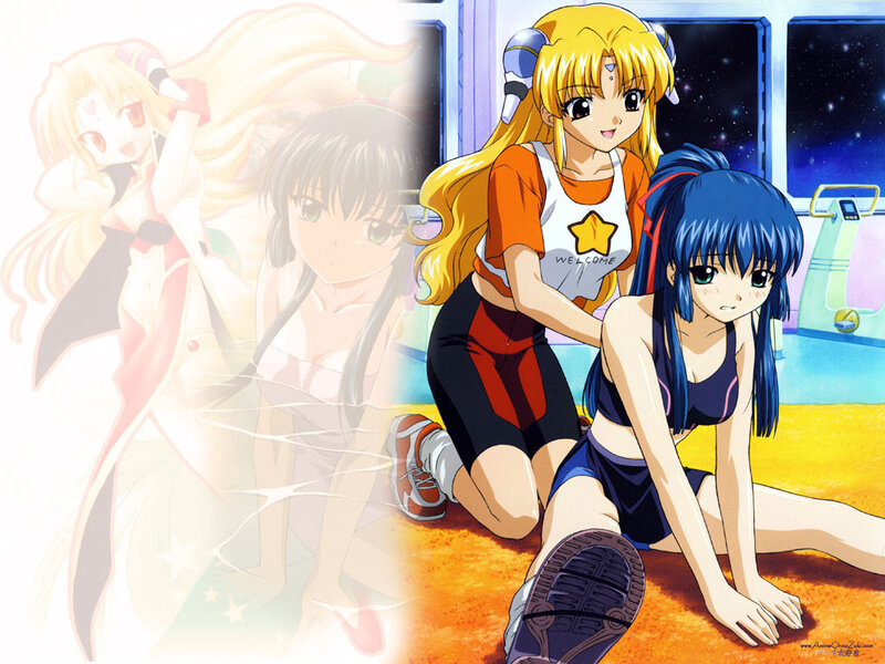 Two Girls Stretching — Blue