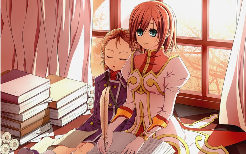 Two girls studying by a window