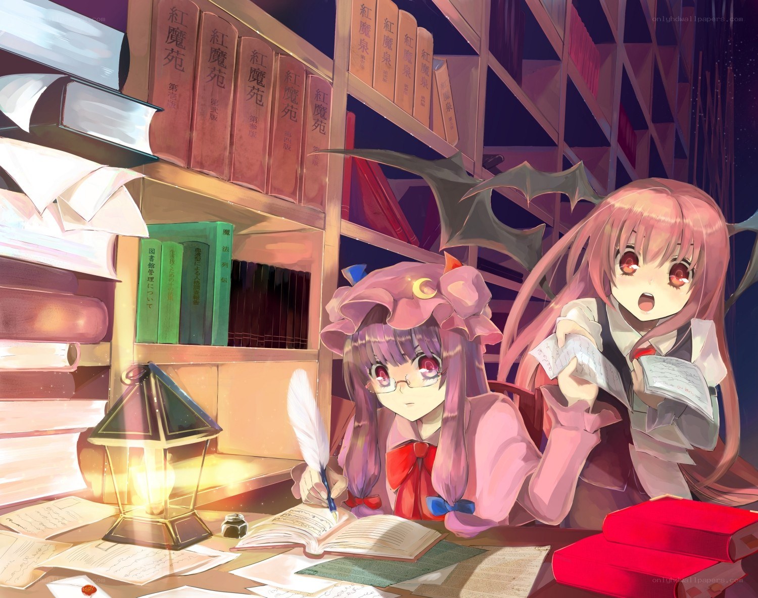 Two girls studying in a library