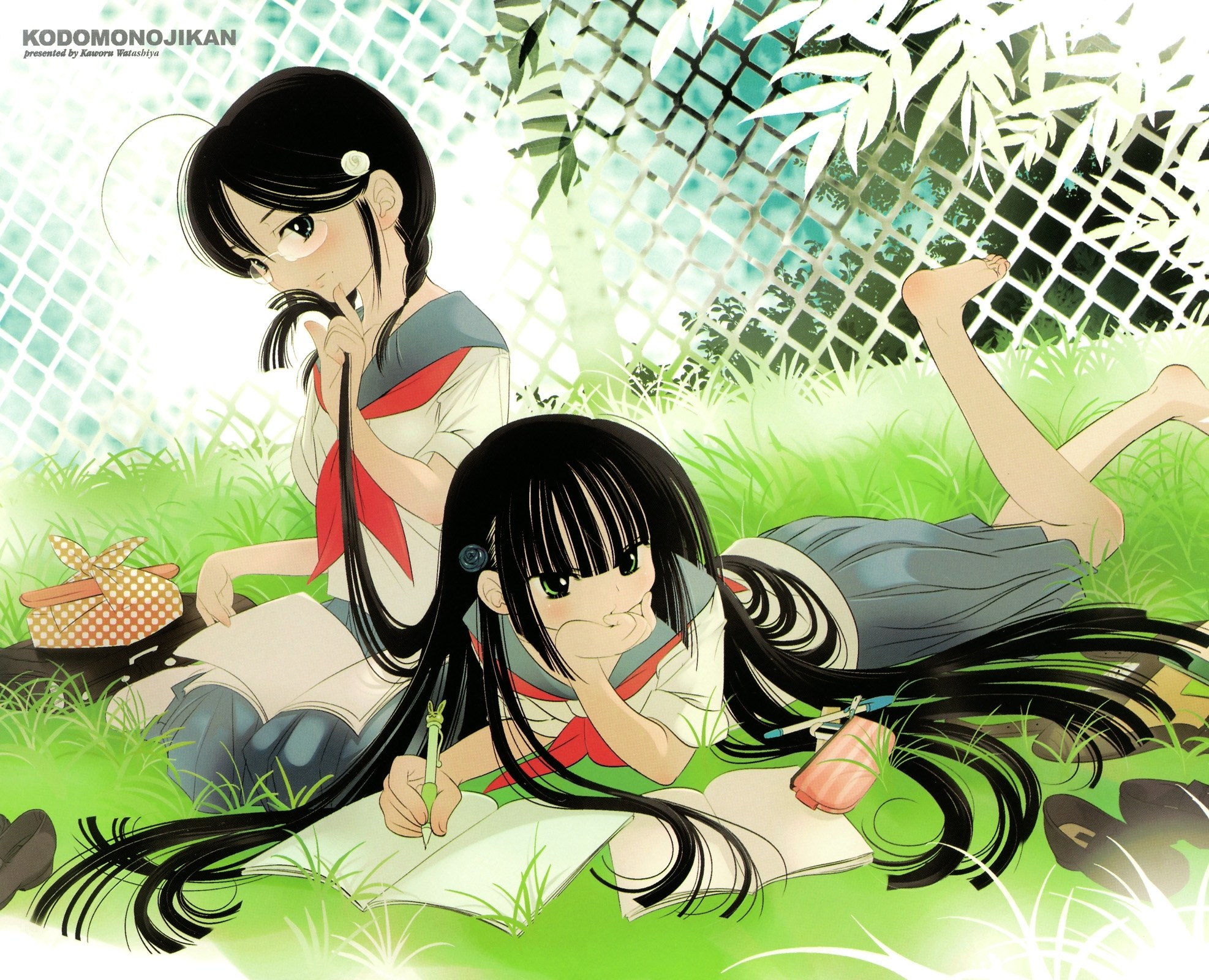 Two girls studying in the grass