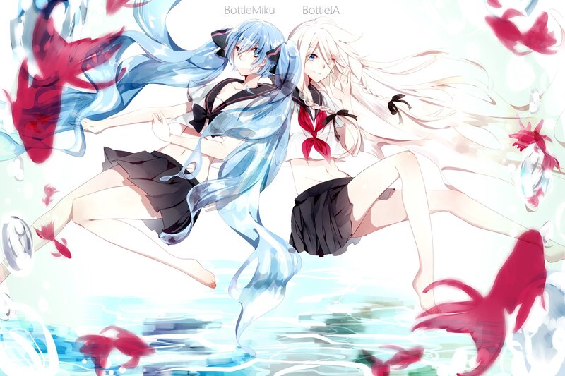Two girls swimming with koi fish