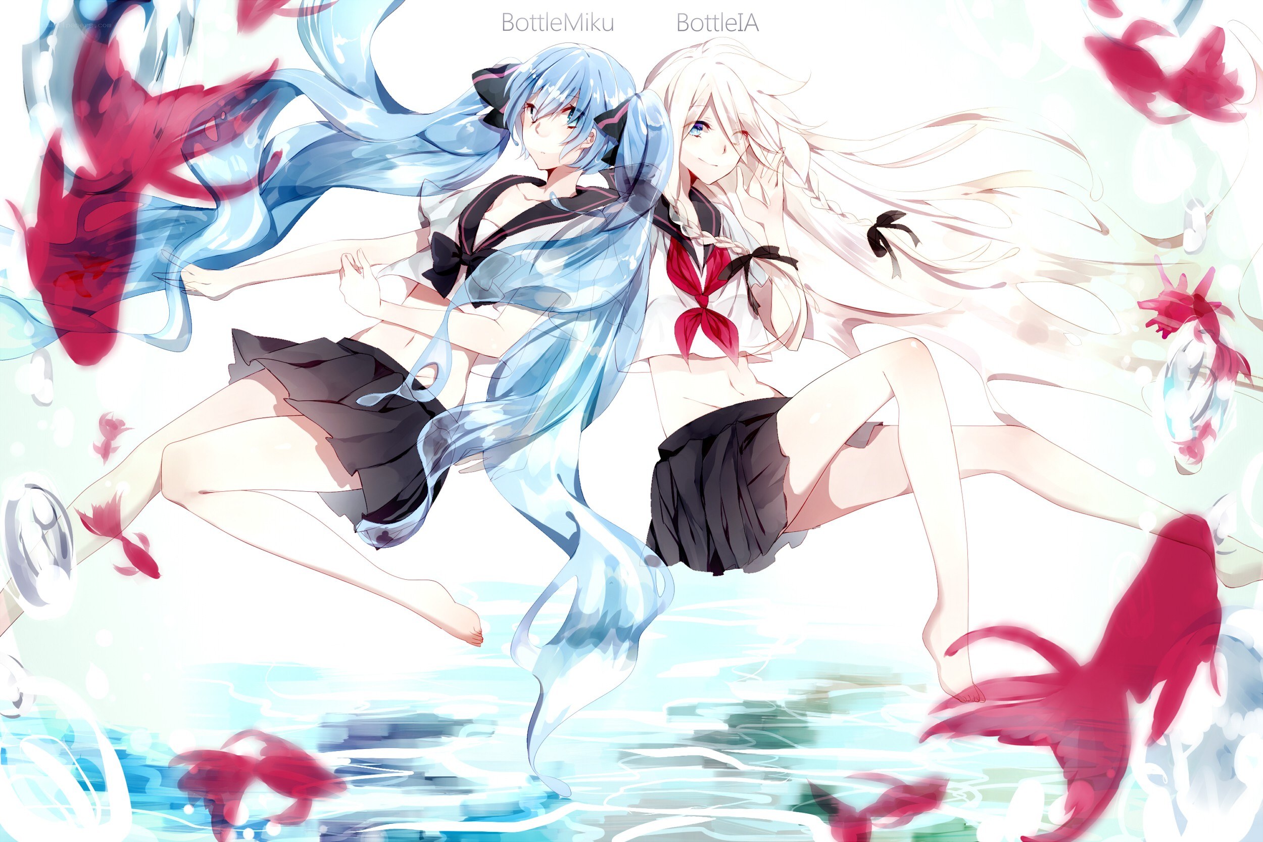 Two girls swimming with koi fish