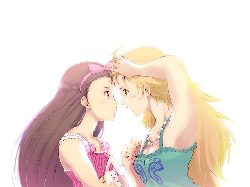 two girls touching foreheads