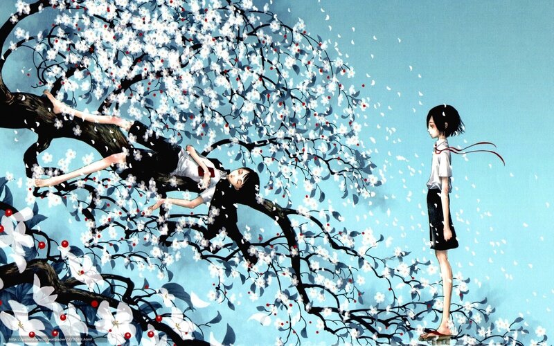 Two girls under a blossoming tree