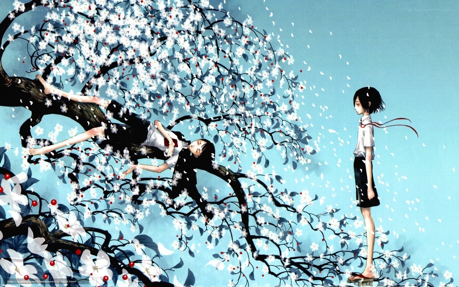 Two girls under a blossoming tree