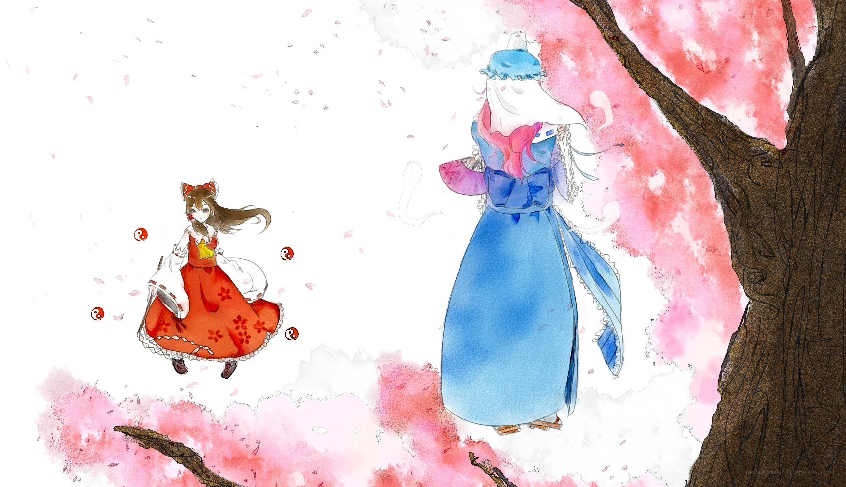 Two girls under a cherry blossom tree