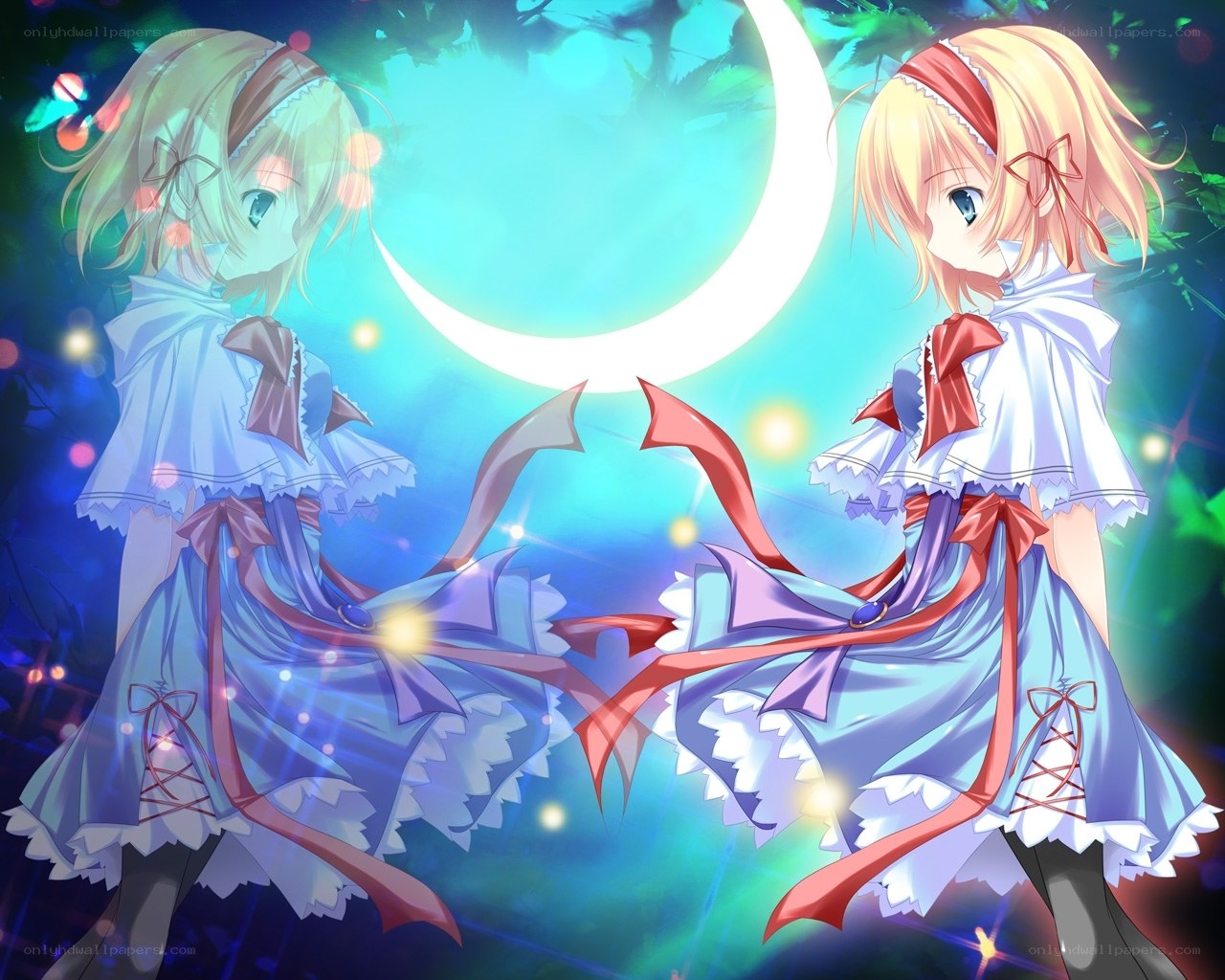 two girls under a crescent moon