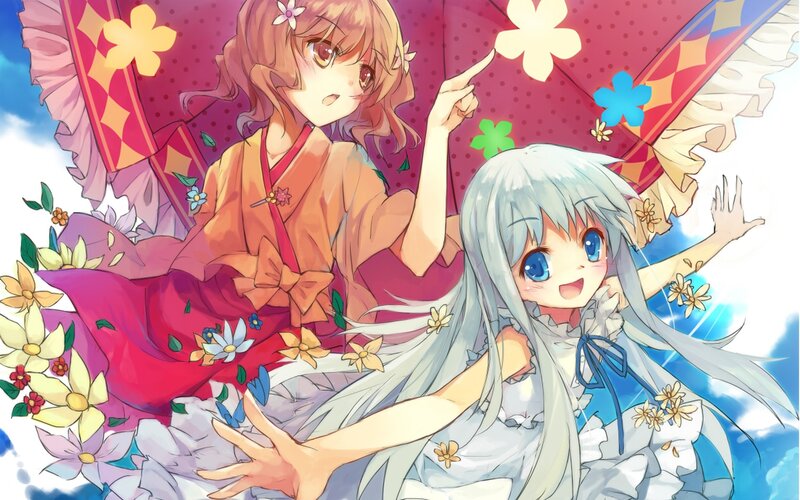 two girls under a floral umbrella