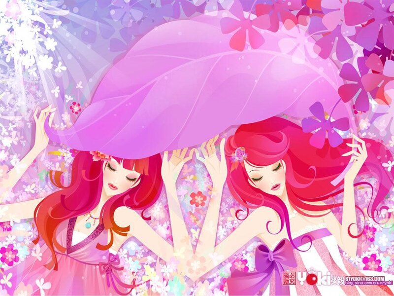 Two girls under a flower umbrella