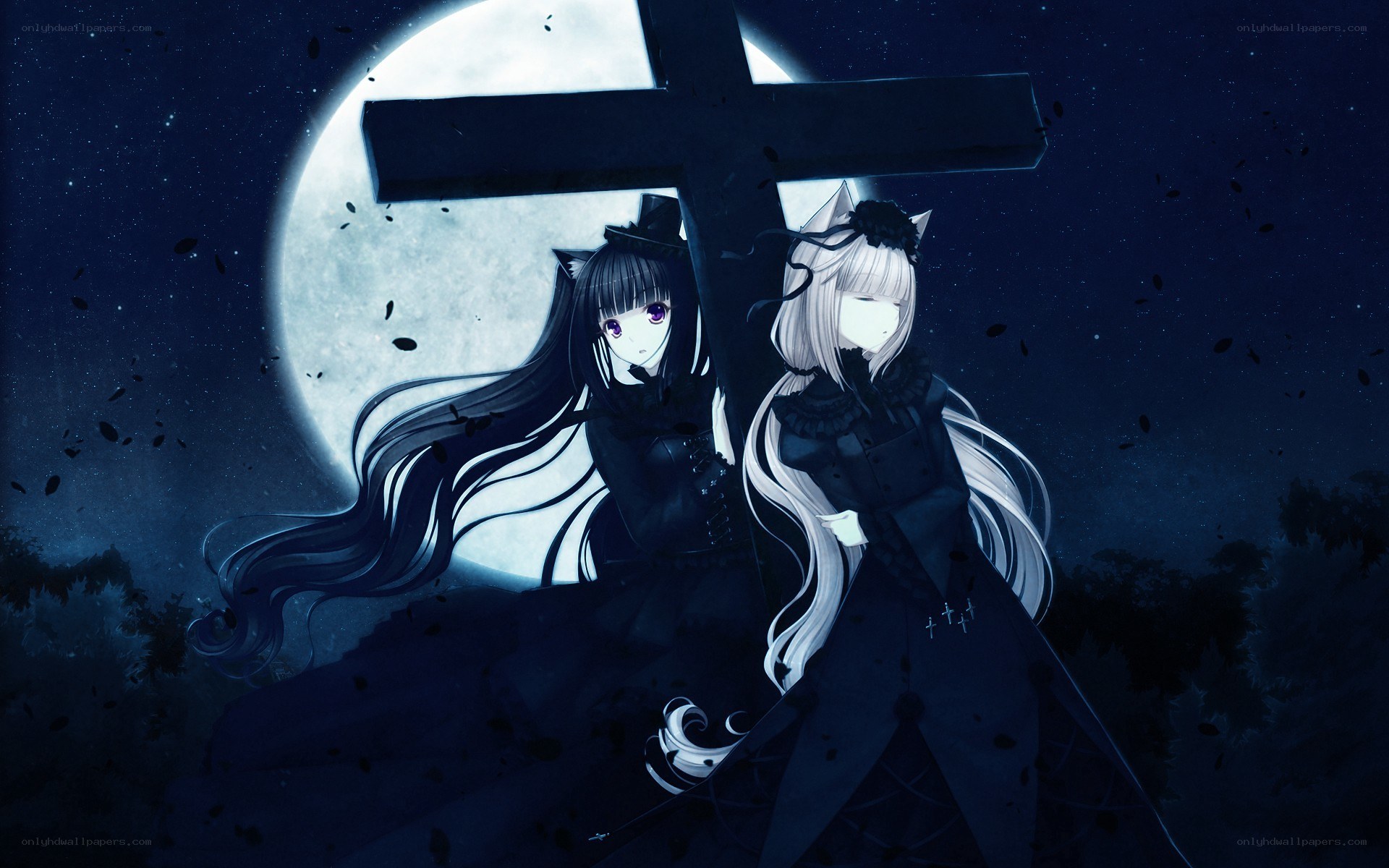 Two girls under a full moon