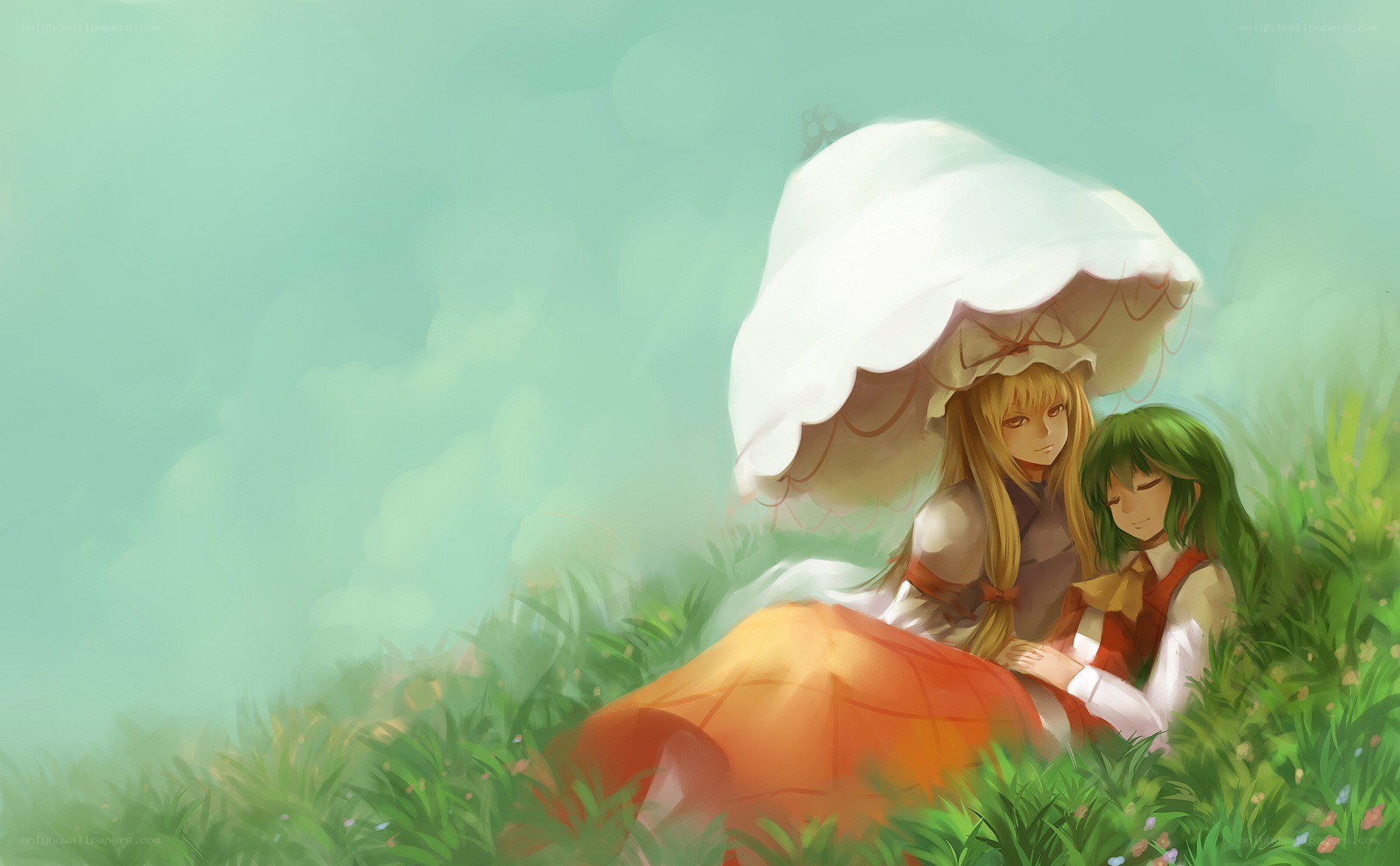 Two girls under a mushroom