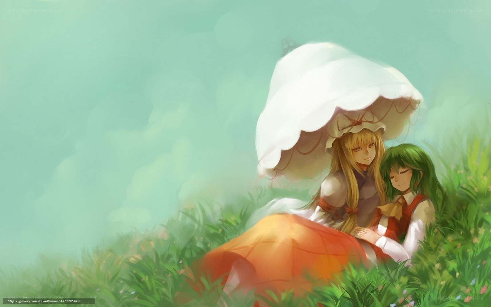 Two girls under a mushroom