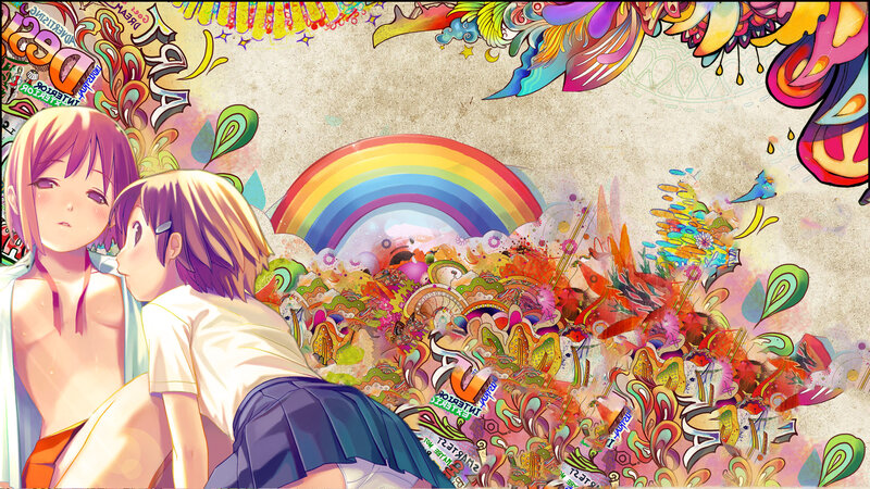 Two girls under a rainbow
