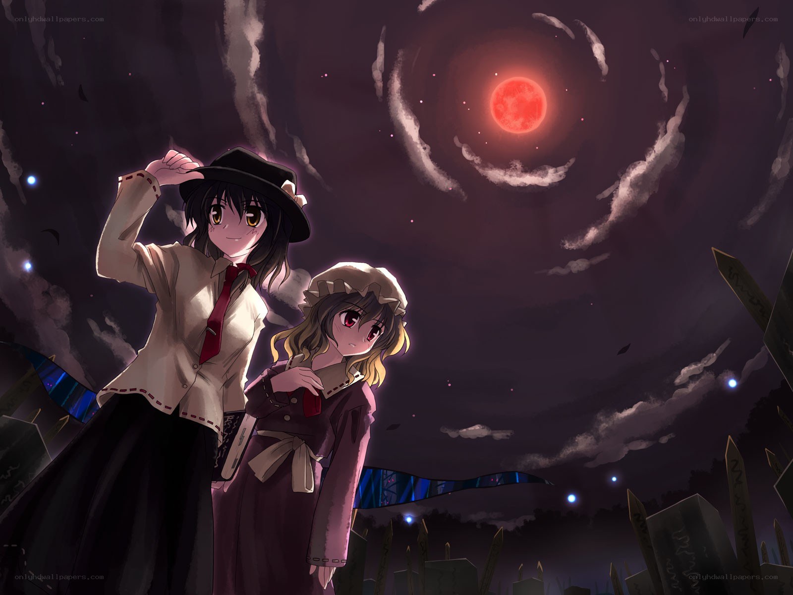 Two girls under a red moon
