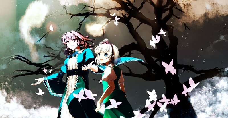 Two girls under a tree with butterflies