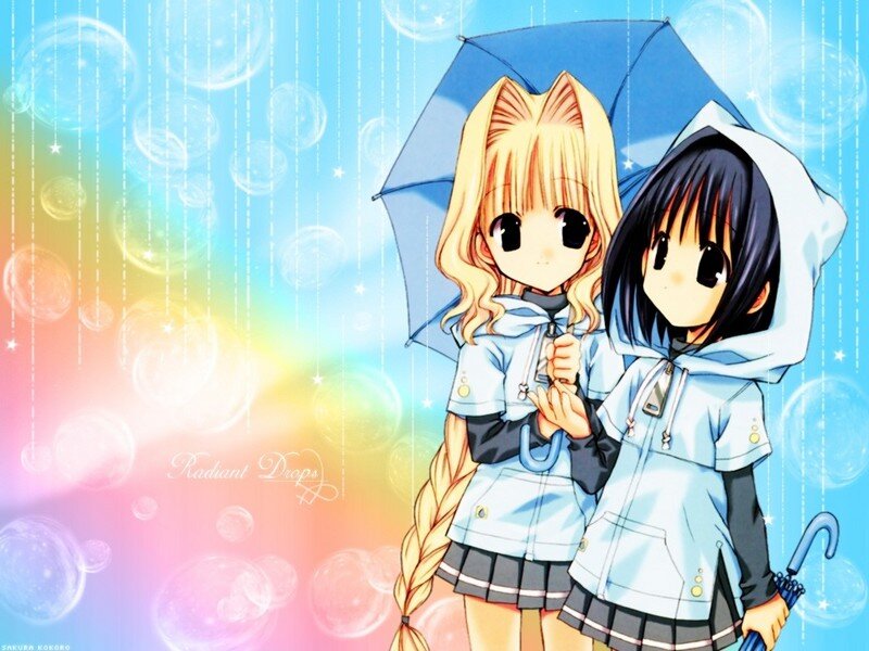 Two Girls under an Umbrella — Blue, Dreamy