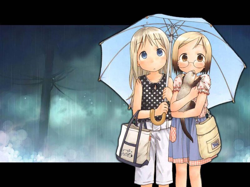 Two girls under an umbrella in rain