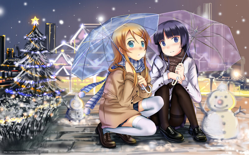 Two girls under an umbrella in winter