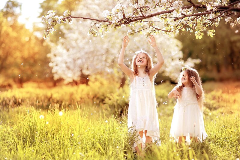 Two Girls under Blossoming Tree