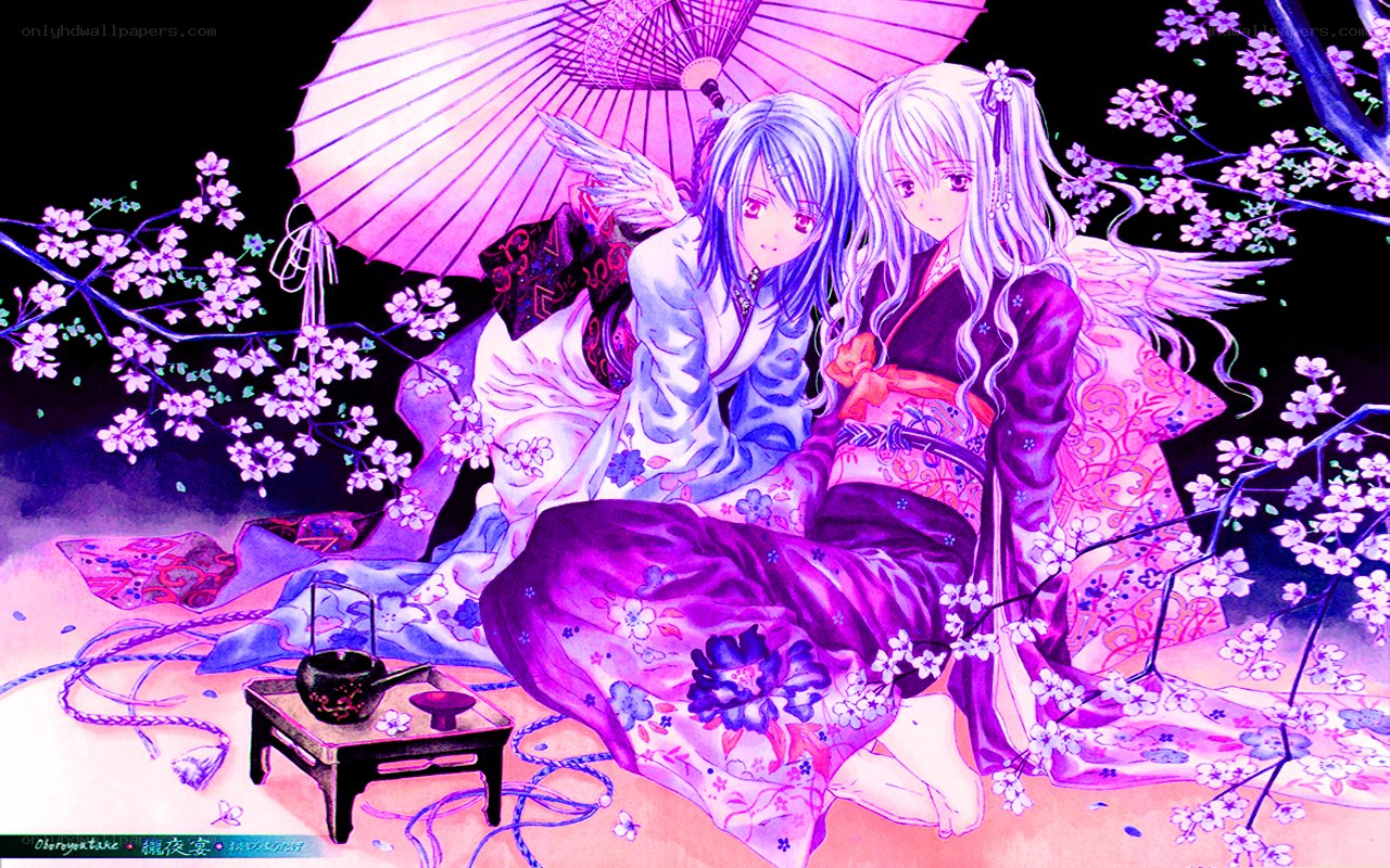 Two girls under cherry blossoms