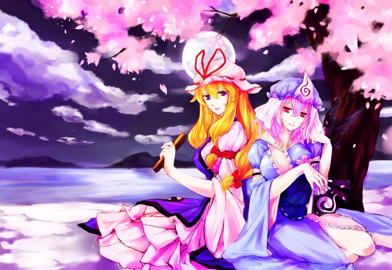 Two girls under cherry blossoms