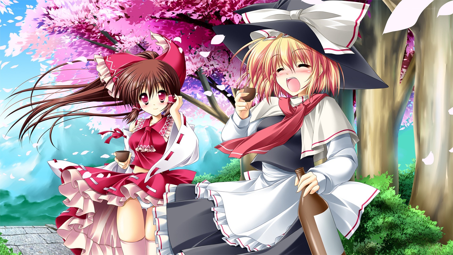 Two girls under cherry blossoms