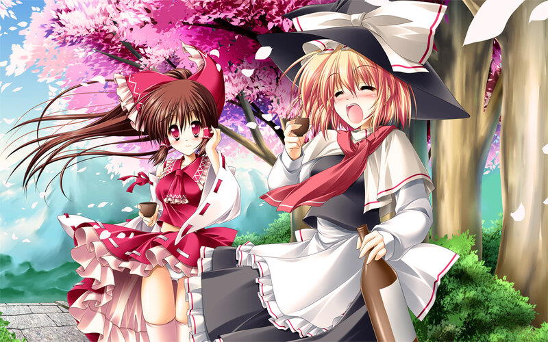 Two girls under cherry blossoms