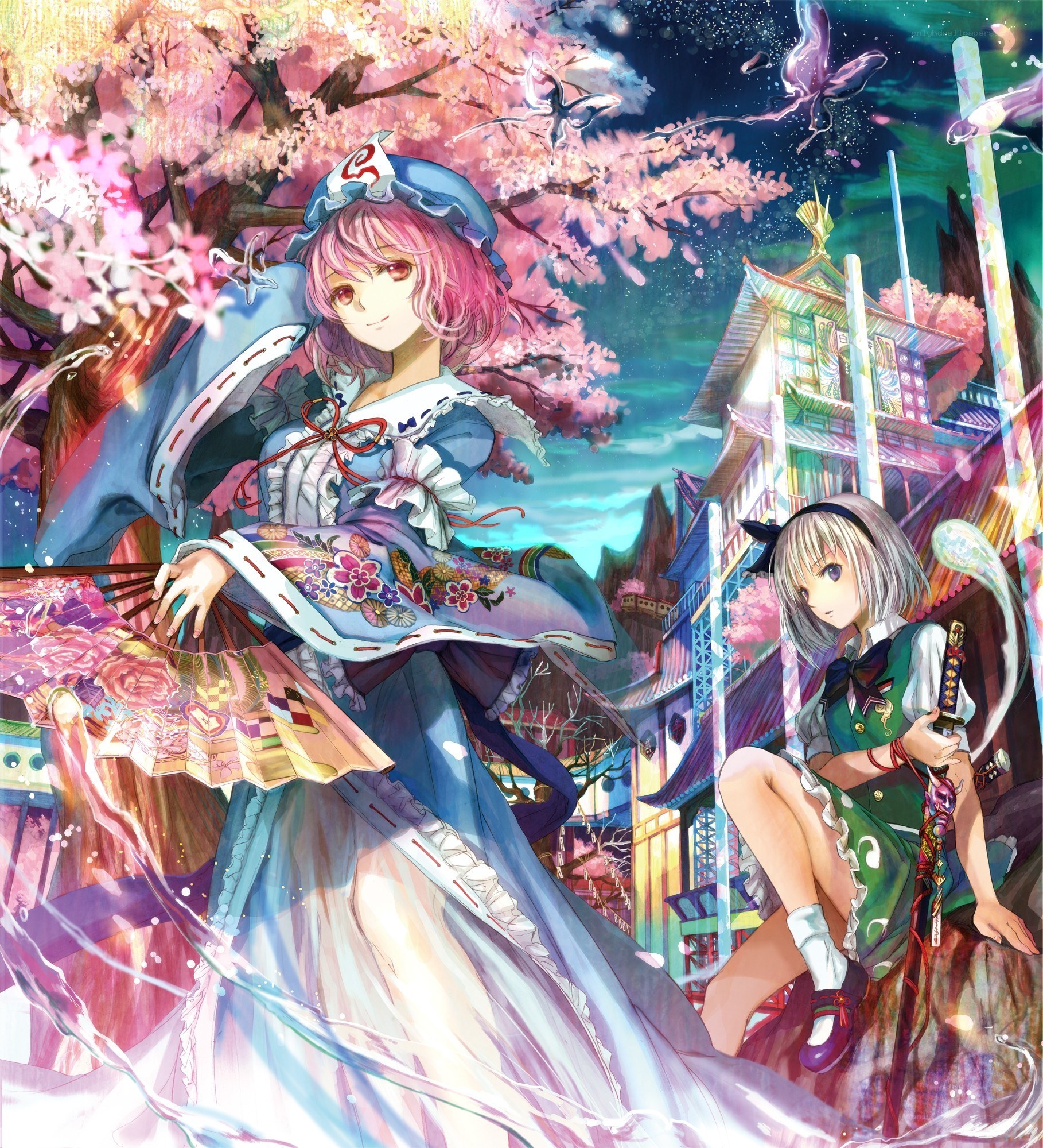 Two girls under cherry blossoms